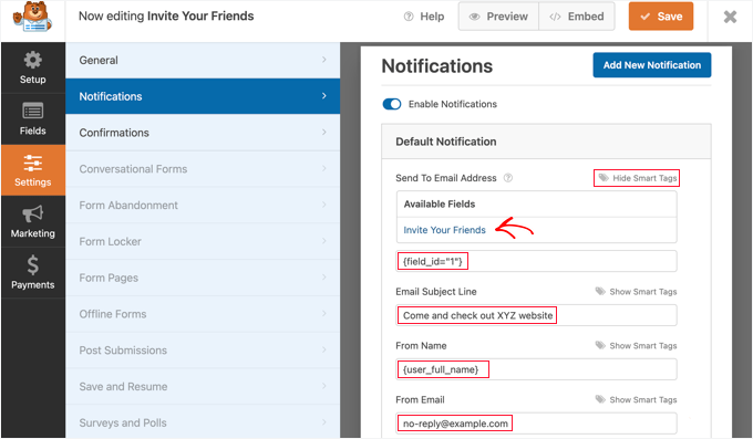 Rellenar la configuración de correo electrónico