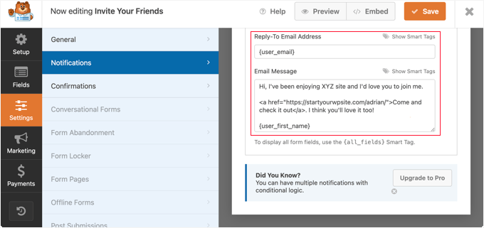 Redacta tu correo electrónico de invitación usando HTML y campos inteligentes