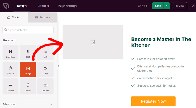 Add an Image block in SeedProd Adding an Image block inside SeedProd builder