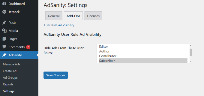 Adicionar funções de usuário para ocultar anúncios