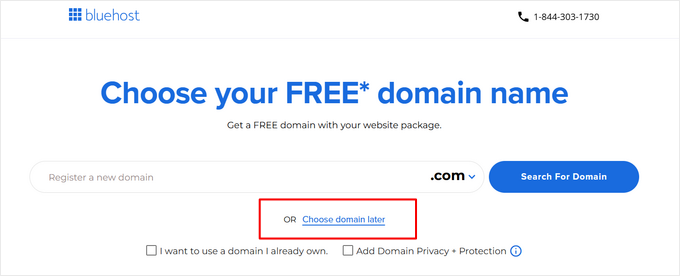 Clicking the choose domain later button when setting up Bluehost Clicking the choose domain later button when setting up Bluehost