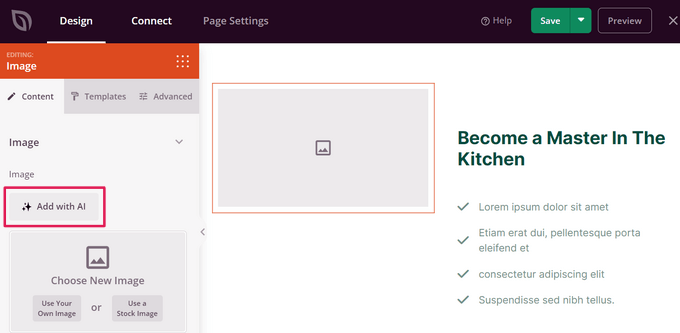 Click the Add with AI button Using the Add with AI option in SeedProd