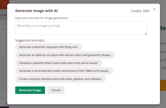 Type a description of the image you want to generate Typing a prompt to generate an AI image inside SeedProd