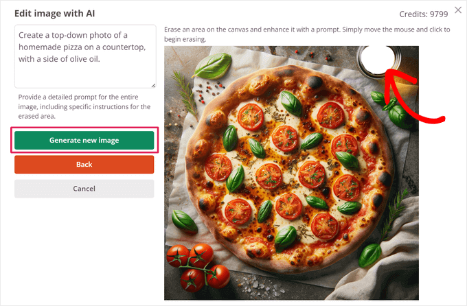 Usando a ferramenta de pincel de IA para modificar parte da imagem gerada