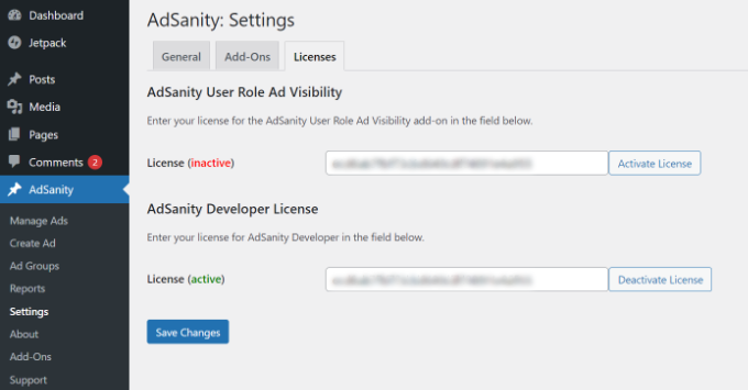 Inserir chave de licença do add-on