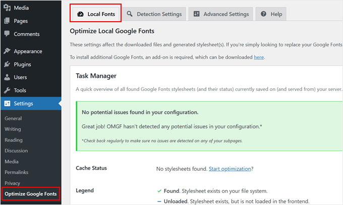 Attivazione del plugin Optimize My Google Fonts