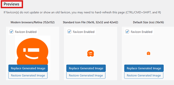 Previzualizări ale favicon