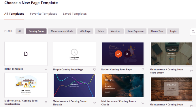 Scegli un modello "coming soon" in SeedProd