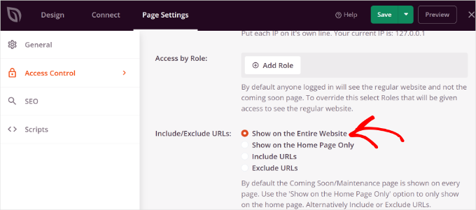 Visa på hela webbplatsen-alternativ i SeedProd