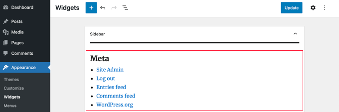 El widget heredado se agrega a la barra lateral