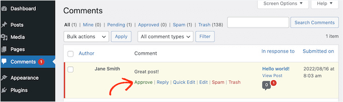 Approving comments in the WordPress admin area