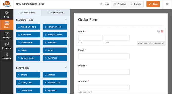 WPForms Will Pre-load the Form Builder with a Simple Order Form WPForms Will Pre-load the Form Builder with a Simple Order Form