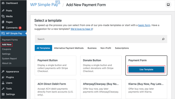 Select the Payment Form Template Select the Payment Form Template