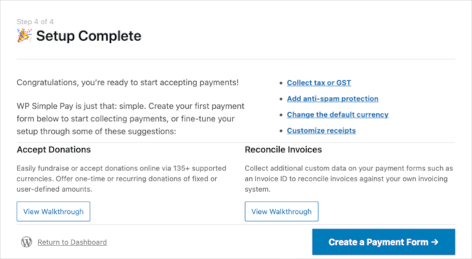 WP Simple Pay Setup Is Complete WP Simple Pay Setup Is Complete