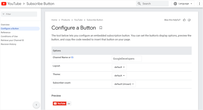 The YouTube configure button page The YouTube configure button page