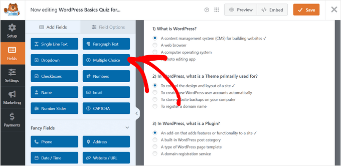 Add Multiple Choice field to your quiz