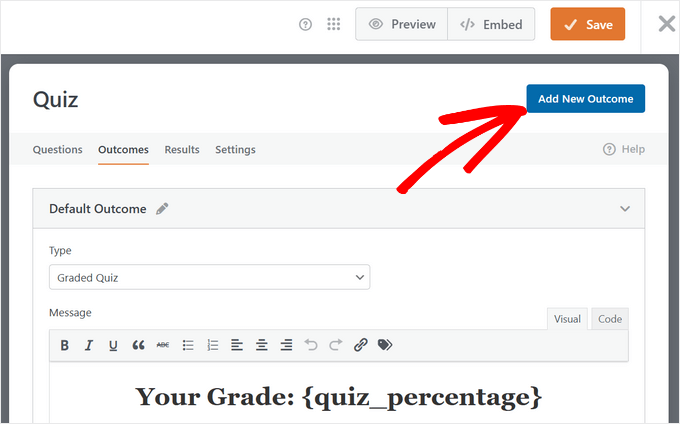 Add a new outcome for your quiz