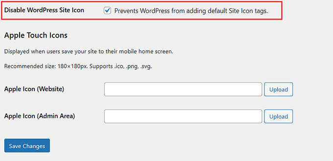 Controlla l'opzione 'Disabilita icona sito WordPress'