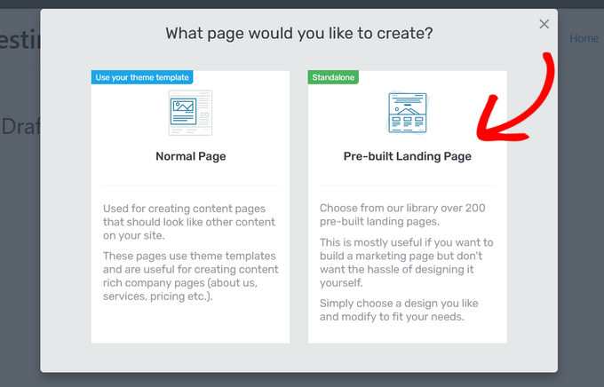Choose the Pre-built Landing Page option in Thrive Architect Choose the Pre-built Landing Page option in Thrive Architect