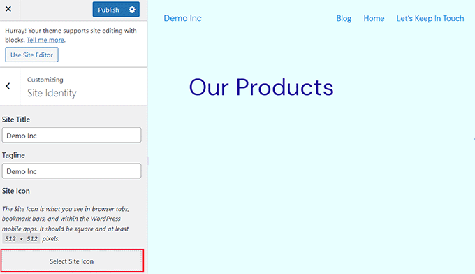 Faceți clic pe butonul Pictogramă site