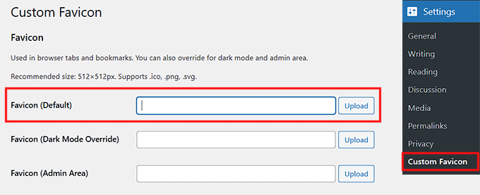 Fai clic sul pulsante Carica accanto all'opzione Favicon