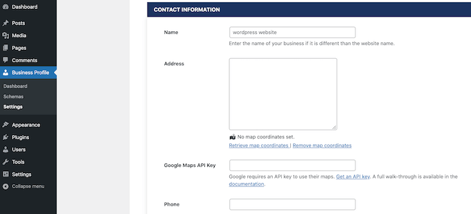 Configuring a business contact card in WordPress with fields for address, phone number, and a Google Map.