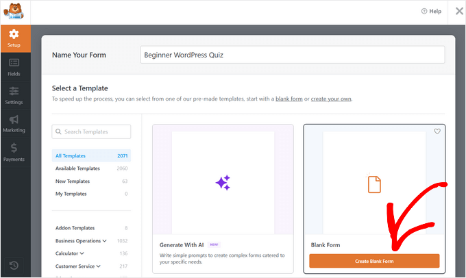 Choose the blank form to create a quiz from scratch