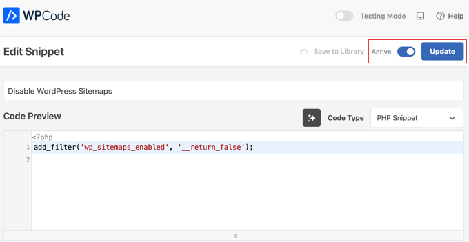WordPress サイトマップ無効化スニペットのアクティブ化