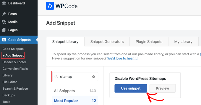 WPCode には、WordPress サイトマップを無効にするための組み込みスニペットがあります