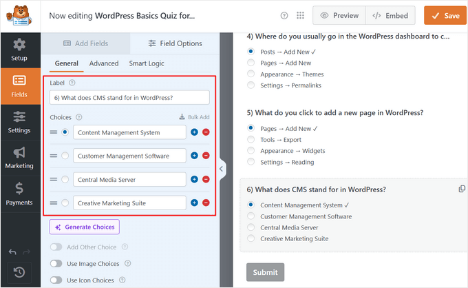 Edit quiz questions and answers in WPForms