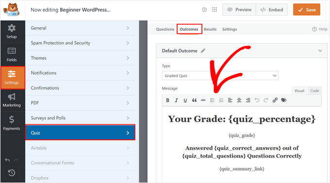 Customize quiz outcome