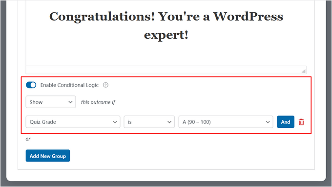 Enable conditional logic for displaying quiz outcomes