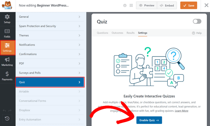 Enable Quiz in WPForms Settings