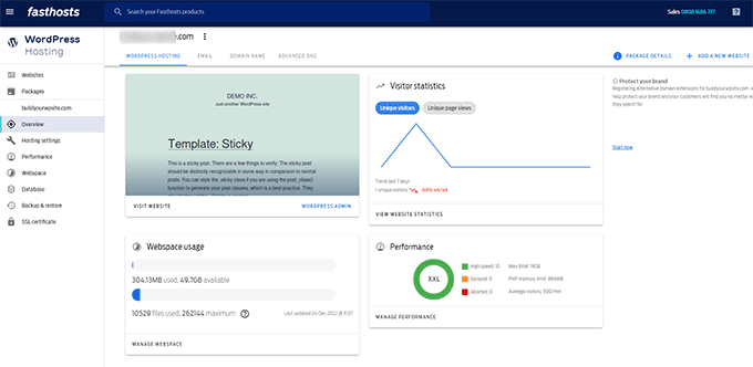 Screenshot of the Fasthosts custom control panel