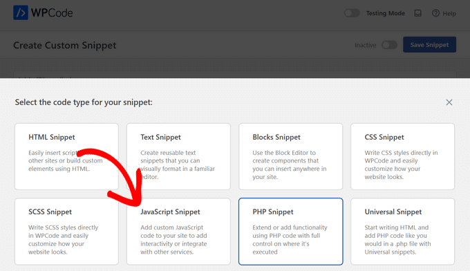 Select 'JavaScript Snippet' as the code type Select 'JavaScript Snippet' as the code type