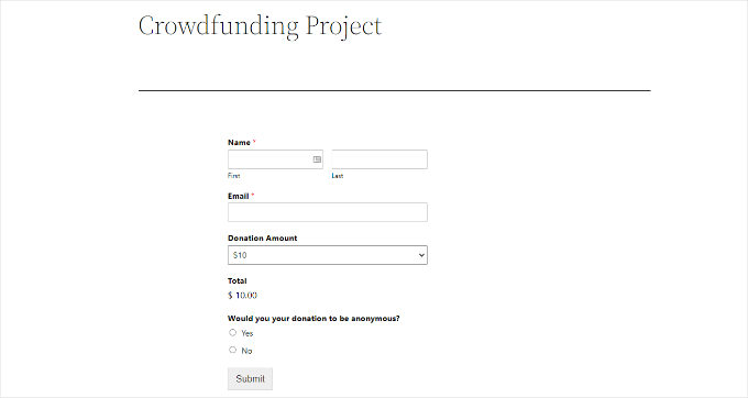 WPForms' crowdfunding form in a live website WPForms' crowdfunding form in a live website