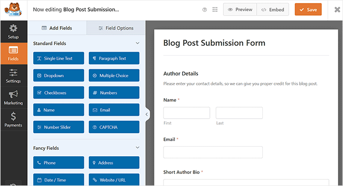 Post submission form in the drag and drop builder Post submission form in the drag and drop builder