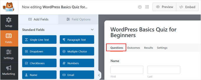 Click on the questions tab in WPForms Quiz Addon