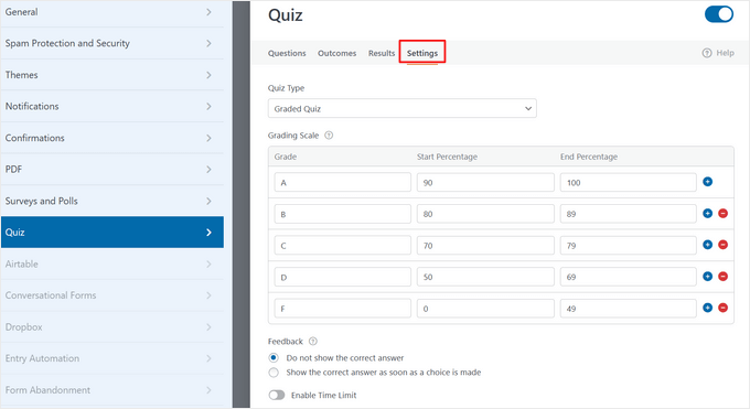 Review quiz grading scale and other settings