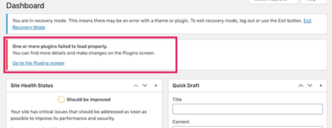 Dashboard della modalità di recupero