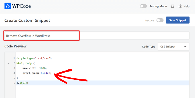 オーバーフローを削除するためのCSSコードを貼り付けます