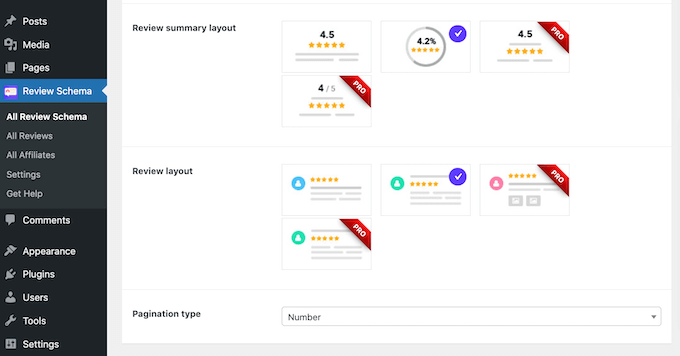 Layout options for the WordPress Review Plugin, showing different review box styles available in the editor.