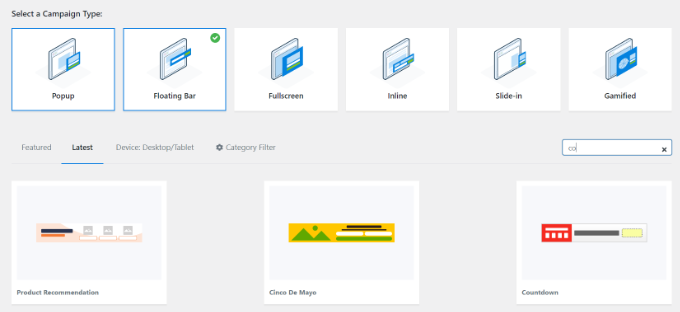 Selectați tipul de campanie bară flotantă