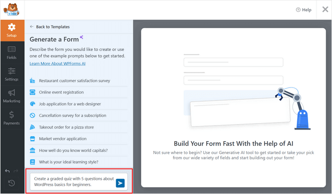 Tell the WPForms AI what type of quiz you want to create