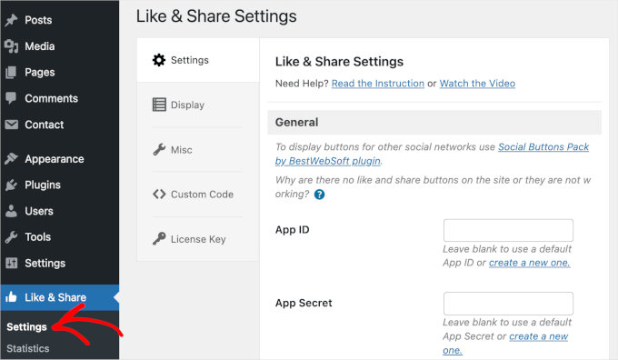 wordpress-likeandshare-settings Like and share plugin settings