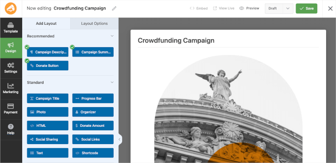 WP Charitable's campaign builder interface WP Charitable's campaign builder interface