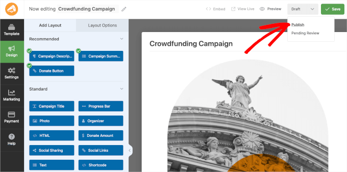 Publishing a campaign in WP Charitable Publishing a campaign in WP Charitable