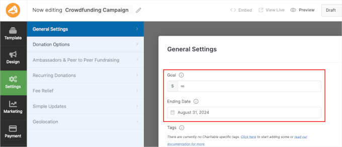 Setting campaign's goal and end date in WP Charitable Setting campaign's goal and end date in WP Charitable
