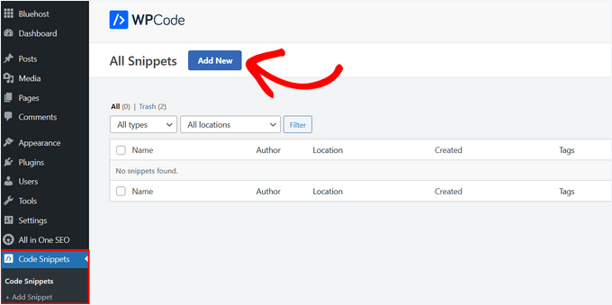 Click 'Add New Snippet' in WPCode Click 'Add New Snippet' in WPCode
