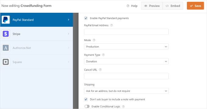 More PayPal payment settings in WPForms More PayPal payment settings in WPForms